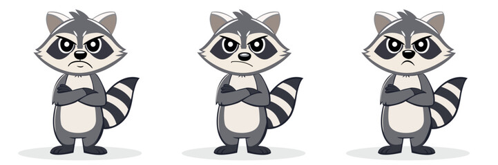 Cartoon raccoon characters illustration with cute expressions and crossed arms
