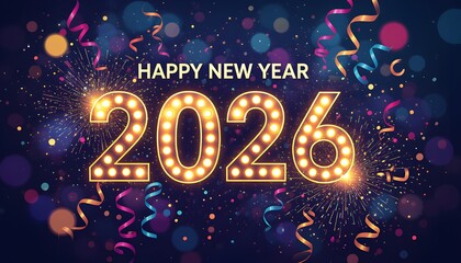 Bright and Colorful New Year 2026 Illustration with Ribbons and Sparkling Lights