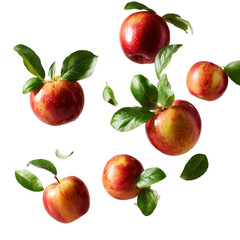 Freshly Picked Apples with Leaves Floating in Air Against  Delicious and Healthy Eating