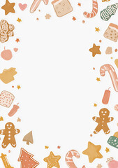 Fototapeta premium Adorable cute vector winter xmas weekend background pattern featuring a playful border of festive cookies, candy canes, and stars, ideal for holiday designs and seasonal celebrations