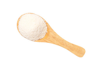 collagen powder in wooden spoon on transparent background.