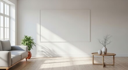 Bright living room showcasing blank canvas, minimalist decor and natural light