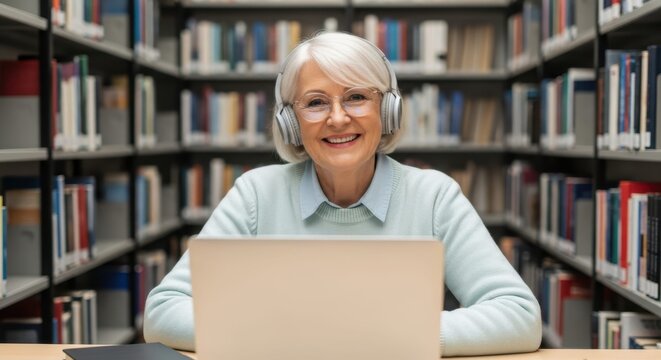 Smiling senior woman wearing headphones and using a laptop in a library