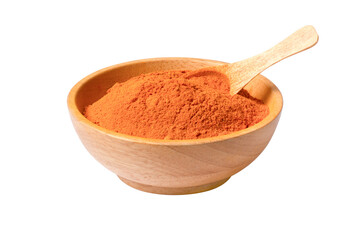 Turmeric powder in wooden bowl on transparent background.