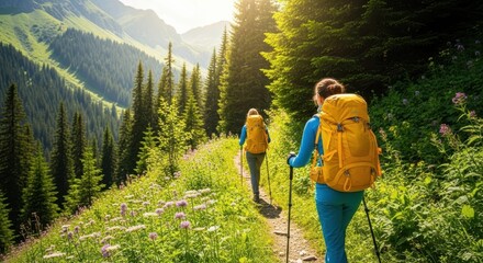 Hikers enjoying a scenic mountain trail with lush greenery and sunshine