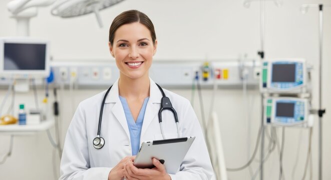 Smiling female doctor holding a tablet in a modern hospital setting - Powered by Adobe