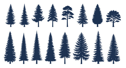 Fototapeta premium Diverse collection of dark blue tree silhouettes, including various evergreen conifers like firs, spruces, and pines, along with a deciduous tree.