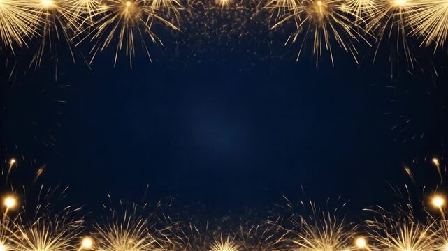 Golden Fireworks Display Frame on Dark Blue Background Celebration.