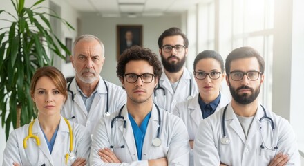 Medical team of doctors in a hospital hallway looking at the camera