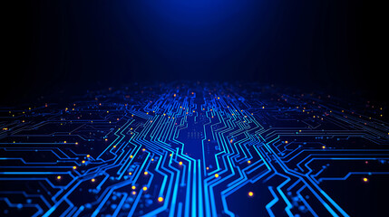 Abstract blue circuit board with glowing connections and data transmission lines technology background