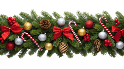 Christmas garland with green fir, red bows, shiny gold, silver baubles, pine cones, and candy canes, arranged horizontally as a festive holiday border.