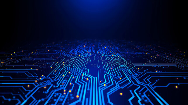 Abstract blue circuit board with glowing connections and data transmission lines technology background