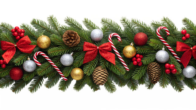 Christmas garland with green fir, red bows, shiny gold, silver baubles, pine cones, and candy canes, arranged horizontally as a festive holiday border.