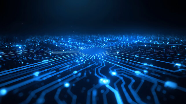 Abstract blue circuit board background with glowing lights symbolizing technology and connectivity
