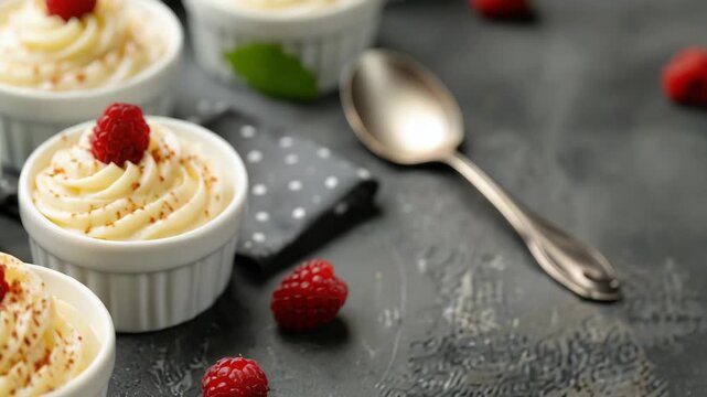 Creamy desserts topped with raspberries in white ramekins on dark counter
