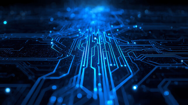 Abstract blue technology background with circuit board design and glowing light effect futuristic concept