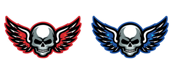 Winged skull emblem illustration with red and blue outline design
