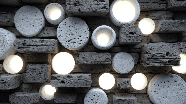 Abstract wall art textured stone blocks with glowing recessed circular lights arranged irregularly
