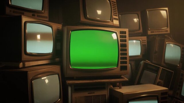 A dimly lit room filled with multiple old televisions stacked around a central TV displaying a bright green screen on a wooden stand.
