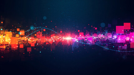 Abstract data visualization with glowing squares and connecting lines in a colorful digital world