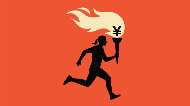 Driven to financial success, a silhouette runs with the yen currency symbol torch, symbolizing economic growth and prosperity in a vibrant illustration