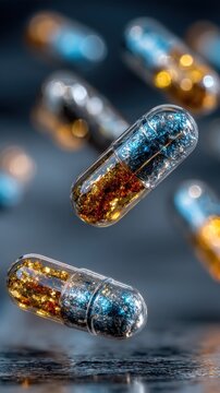 Clear capsules filled with shimmering blue and gold particles levitate against a dark surface
