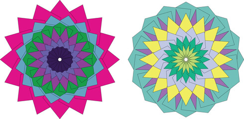 Colorful geometric mandala vector art with symmetrical polygonal flower shapes, abstract layered design, and vibrant modern color palette — ideal for digital decoration, prints, and background art.