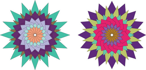 Colorful geometric mandala vector art with symmetrical polygonal flower shapes, abstract layered design, and vibrant modern color palette — ideal for digital decoration, prints, and background art.