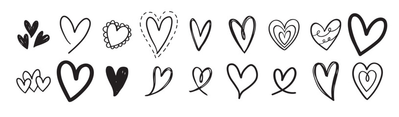 Collection of various brush, chalk, marker drawn line heart shapes, silhouettes, outlines. Valentines day many templates. Uneven, rough, textured edge. Hand drawn, handwritten design elements. © Seher