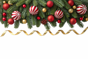 Festive fir branches with red and gold Christmas ornaments, striped baubles, and a flowing golden ribbon create a holiday border, isolated on transparent background.