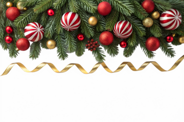 Festive fir branches with red and gold Christmas ornaments, striped baubles, and a flowing golden ribbon create a holiday border, isolated on transparent background.