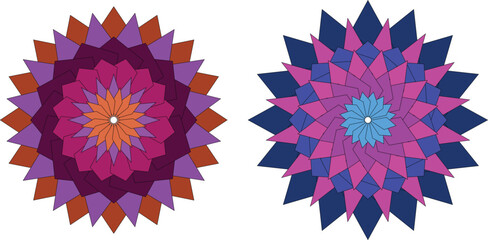Colorful geometric mandala vector art with symmetrical polygonal flower shapes, abstract layered design, and vibrant modern color palette — ideal for digital decoration, prints, and background art.