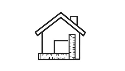 A black and white architectural icon showing a house frame alongside a ruler, suggesting measurement