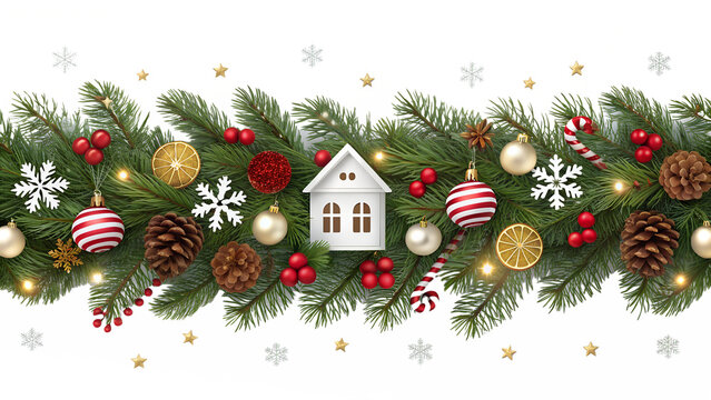 A decorative Christmas garland border features green pine, red berries, pinecones, bright snowflakes, stars, festive ornaments, and a charming little house.