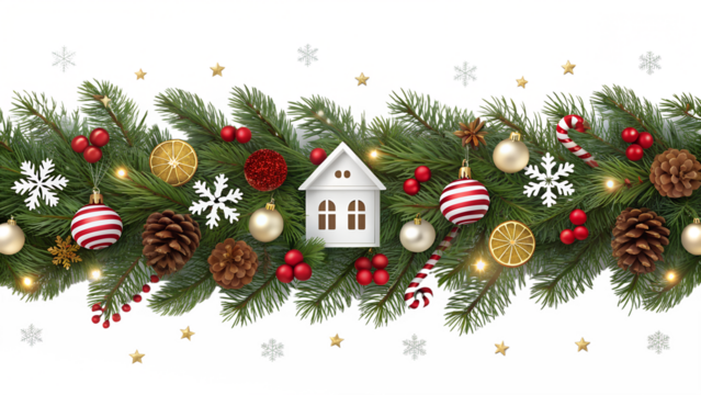 A decorative Christmas garland border features green pine, red berries, pinecones, bright snowflakes, stars, festive ornaments, and a charming little house.