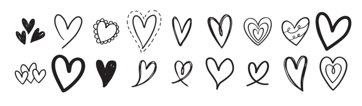 Collection of various brush, chalk, marker drawn line heart shapes, silhouettes, outlines. Valentines day many templates. Uneven, rough, textured edge. Hand drawn, handwritten design elements.