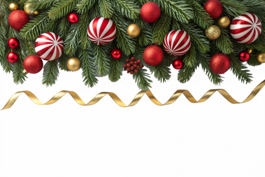 Festive fir branches with red and gold Christmas ornaments, striped baubles, and a flowing golden ribbon create a holiday border, isolated on transparent background.