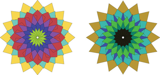 Colorful geometric mandala vector art with overlapping polygon layers, abstract floral symmetry, and vibrant modern design — perfect for digital decoration, meditation art, and creative backgrounds.