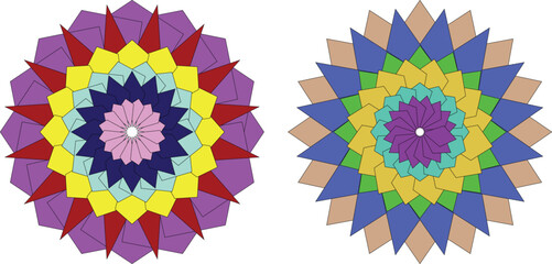 Colorful geometric mandala vector art with overlapping polygon layers, abstract floral symmetry, and vibrant modern design — perfect for digital decoration, meditation art, and creative backgrounds.