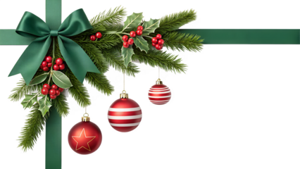 Elegant Christmas corner decoration featuring a green ribbon, pine branches, red holly, and festive baubles, clearly isolated for easy placement on any background.