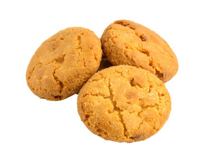 Three golden, crumbly cookies with a textured surface and a slightly cracked appearance arranged together