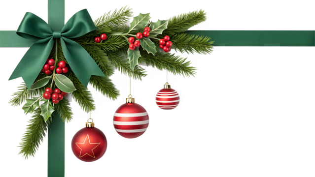 Elegant Christmas corner decoration featuring a green ribbon, pine branches, red holly, and festive baubles, clearly isolated for easy placement on any background.