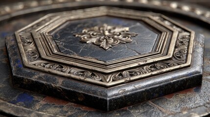 Close-up of an ornate hexagonal dark surface with intricate gold filigree and aged texture