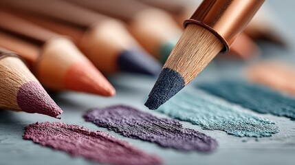 Close-up of colorful cosmetic pencils creating swatches, one tip applying dark blue