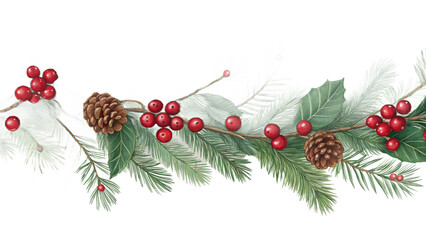 Festive winter garland featuring green fir branches, frosted pine needles, red berries, and natural pinecones, isolated on a transparent background.
