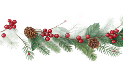 Festive winter garland featuring green fir branches, frosted pine needles, red berries, and natural pinecones, isolated on a transparent background.