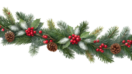 A festive winter holiday garland displays green pine branches, bright red berries, and rustic pinecones covered in white glistening snow.