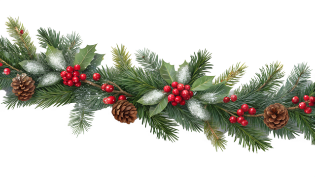 A festive winter holiday garland displays green pine branches, bright red berries, and rustic pinecones covered in white glistening snow. - Powered by Adobe
