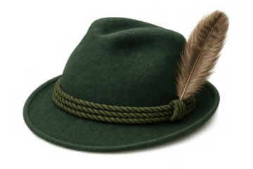 Tyrolean hat featuring a feather and rope band, traditional german alpine costume accessory for oktoberfest celebration