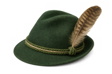 Green felt german alpine hat, known as a gamsbart or trachtenhut, featuring a decorative feather. Transparent background